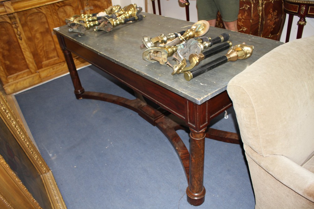 A French mahogany centre table, with simulated marble painted pine top, W.187cm D.80cm H.76cm